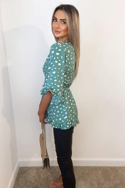 Green Printed Frill Sleeve Wrap Top