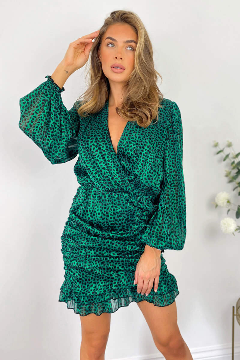 Green Ruched Long Sleeve Mini Dress