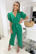 Green Wrap Over Tie Waist Jumpsuit