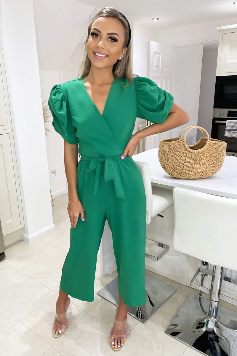 Green Wrap Over Tie Waist Jumpsuit