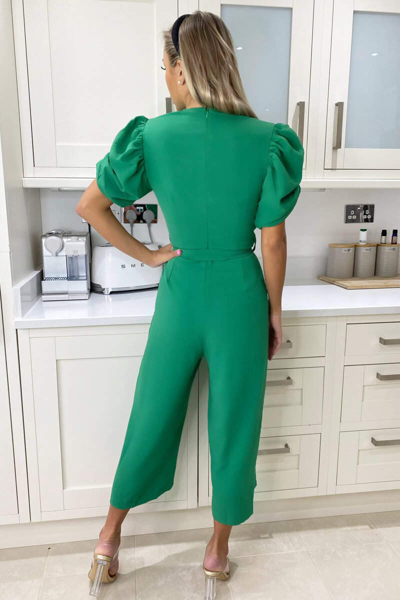 Green Wrap Over Tie Waist Jumpsuit