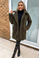 Khaki Teddy Faux Fur Coat With Collar