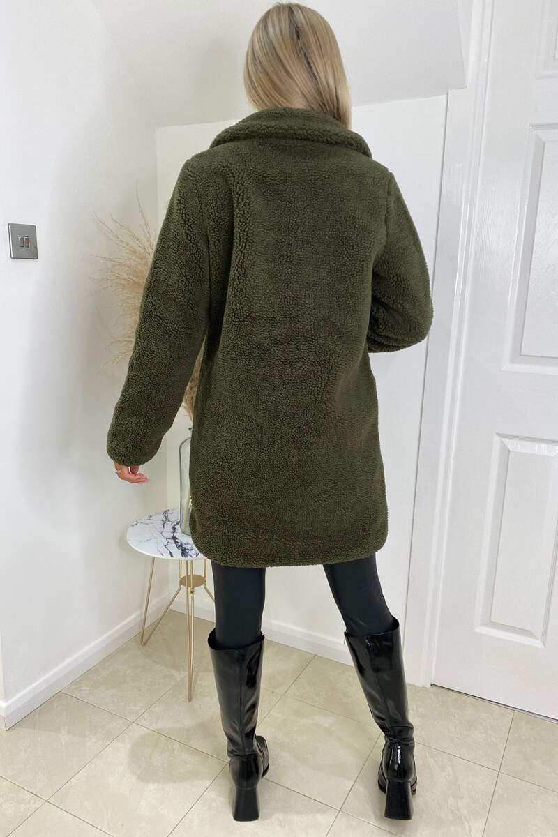 Khaki Teddy Faux Fur Coat With Collar