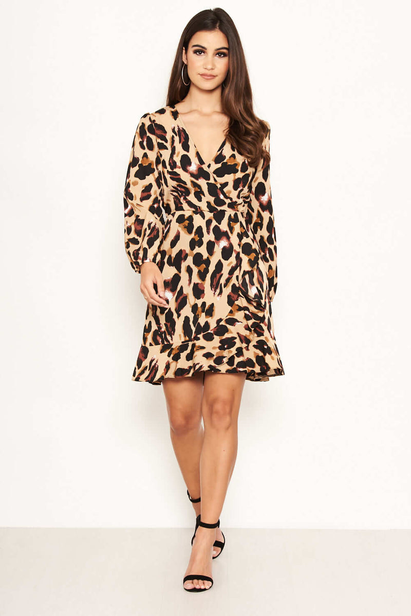 Leopard Print Frill Wrap Dress