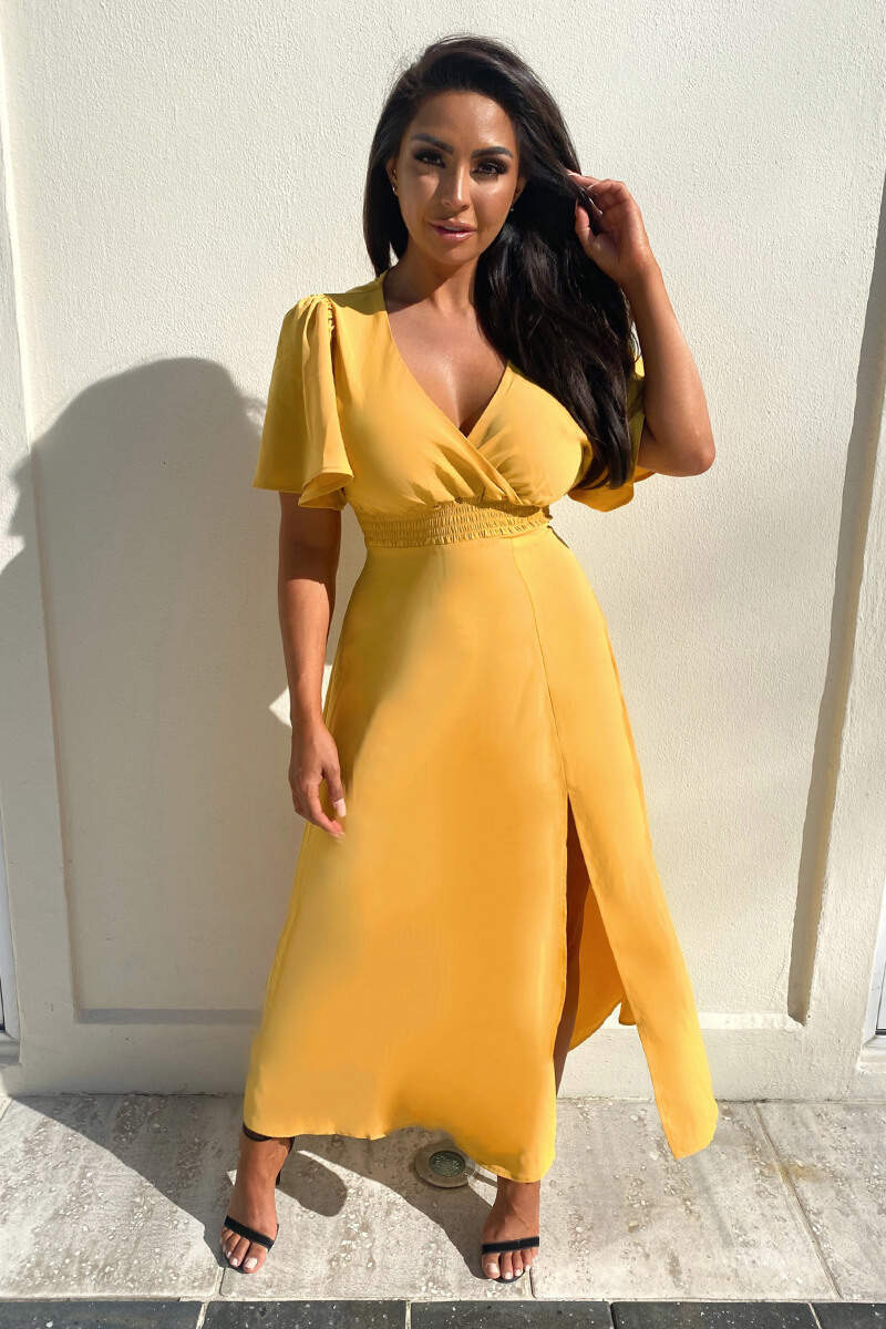 Mustard Gathered Waist Midi Dress – AX Paris US