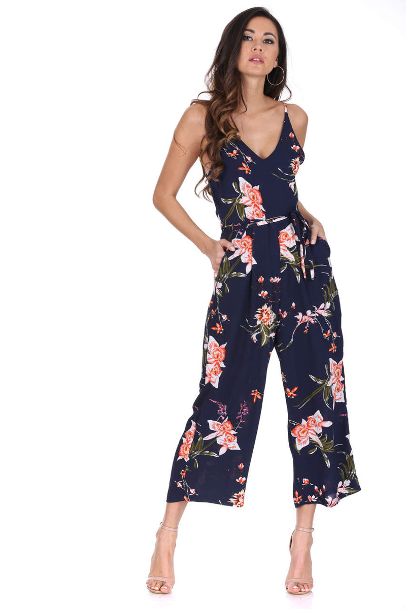 Navy Floral Print Culotte Jumpsuit