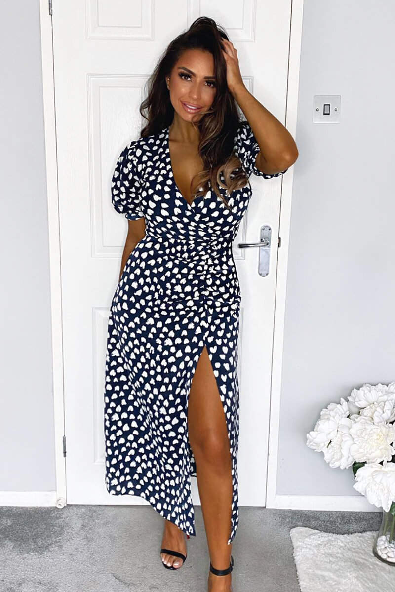 Navy Heart Print Short Sleeve Midi Dress – AX Paris US