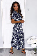 Navy Heart Print Short Sleeve Midi Dress