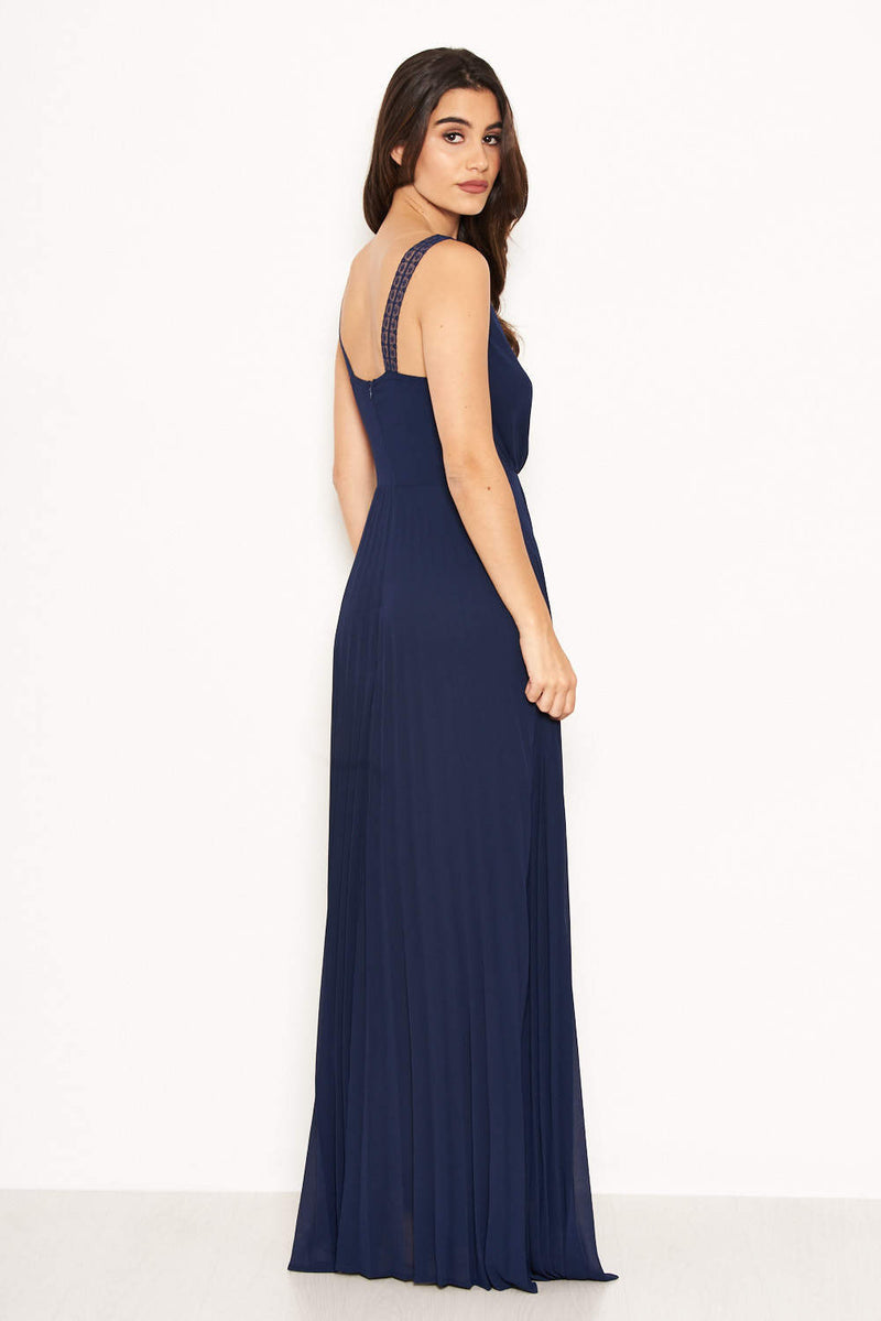 Navy Pleated Maxi Dress With Lace Straps