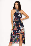 Navy Floral Halter Neck Dress