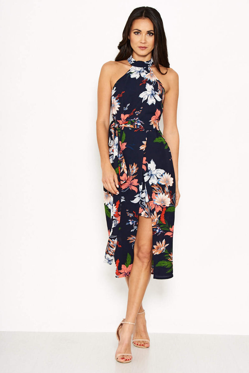 Navy Floral Halter Neck Dress