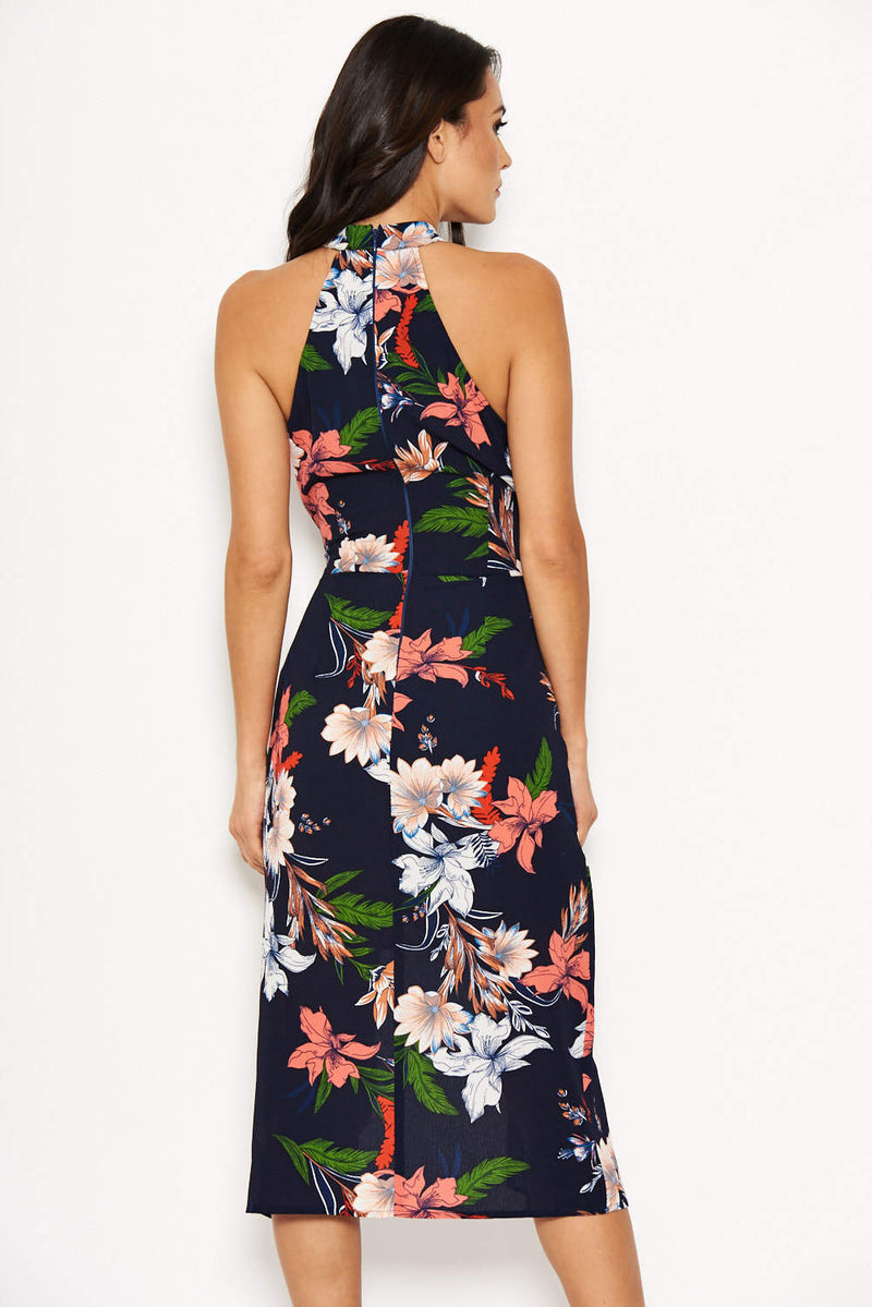 Navy Floral Halter Neck Dress