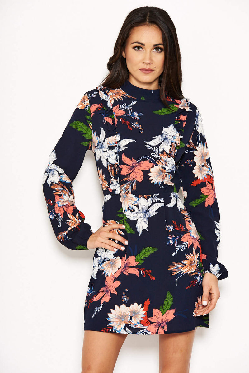 Navy Floral Long Sleeve Dress