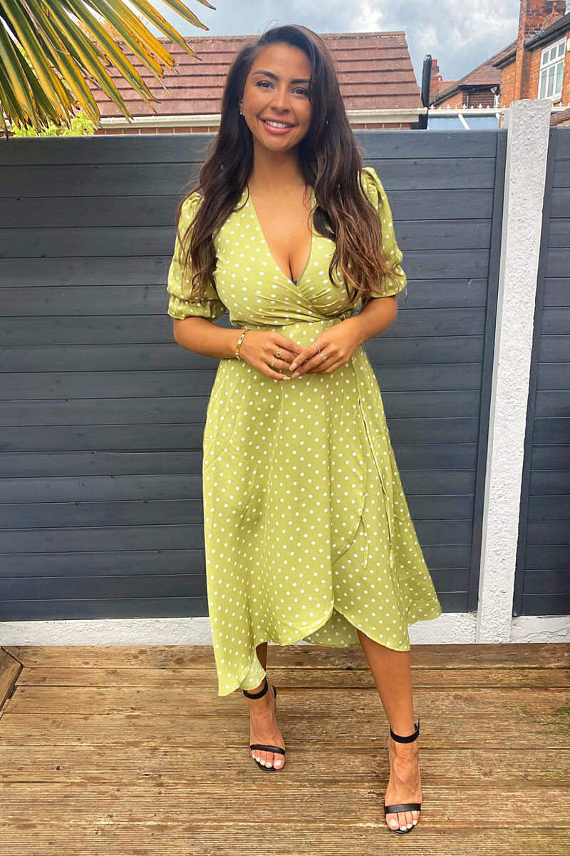 Olive Polka Dot Puff Sleeve Wrap Midi Dress