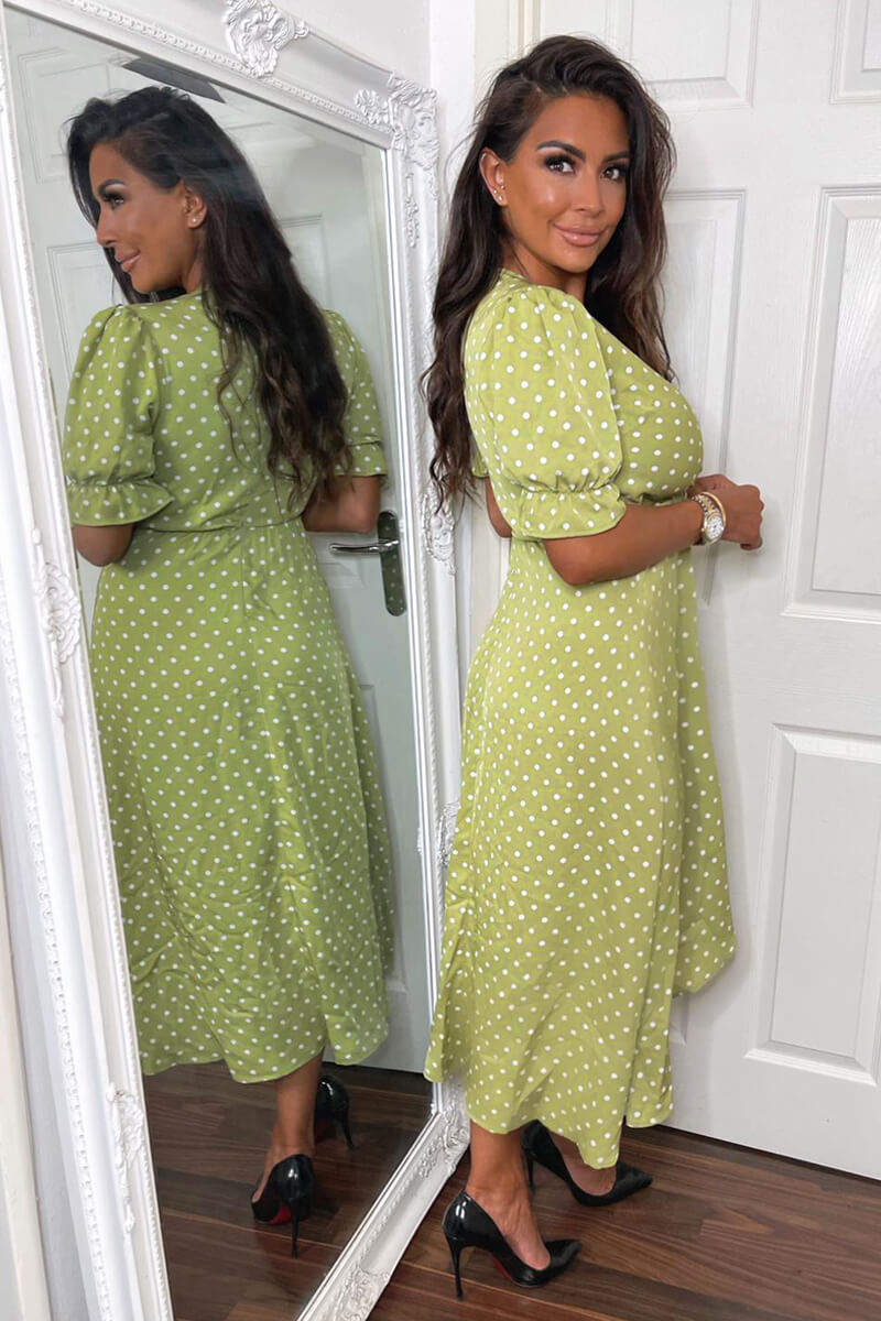 Olive Polka Dot Puff Sleeve Wrap Midi Dress – AX Paris US