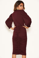 Plum High Neck Ruched Midi Dress