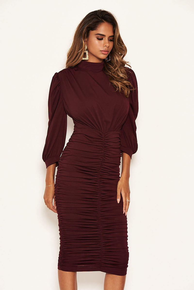 Plum High Neck Ruched Midi Dress