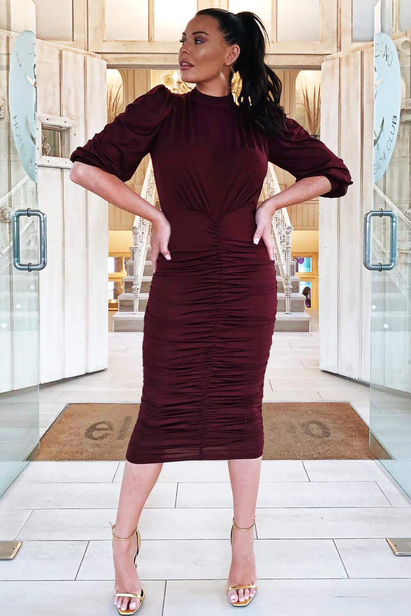 Plum High Neck Ruched Midi Dress