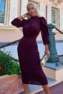 Plum High Neck Ruched Midi Dress