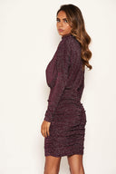 Plum High Neck Ruched Sparkle Dress