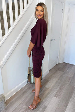 Plum Ruched Cape Sleeve Midi Dress