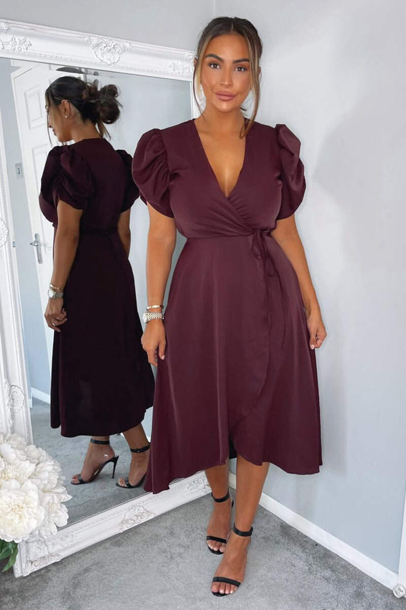 Plum Wrap Over Tie Midi Dress