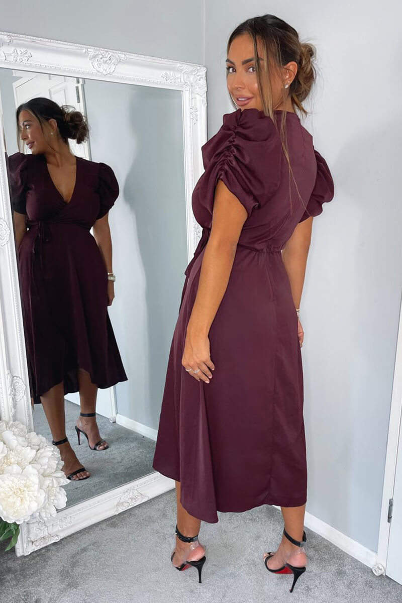 Plum Wrap Over Tie Midi Dress