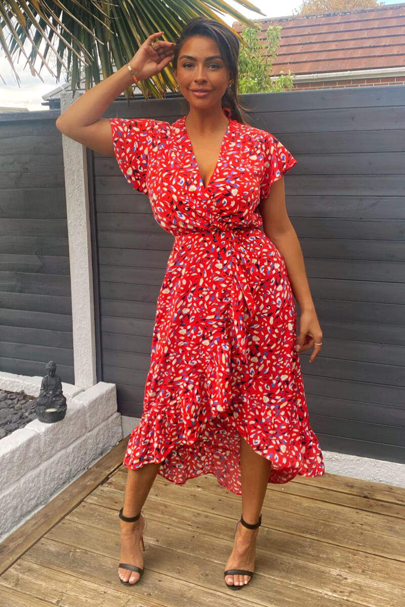 midi red wrap dress Abstract Print Irène White Lace Panel on Video Fabrication:Stretch Size:LG/XL