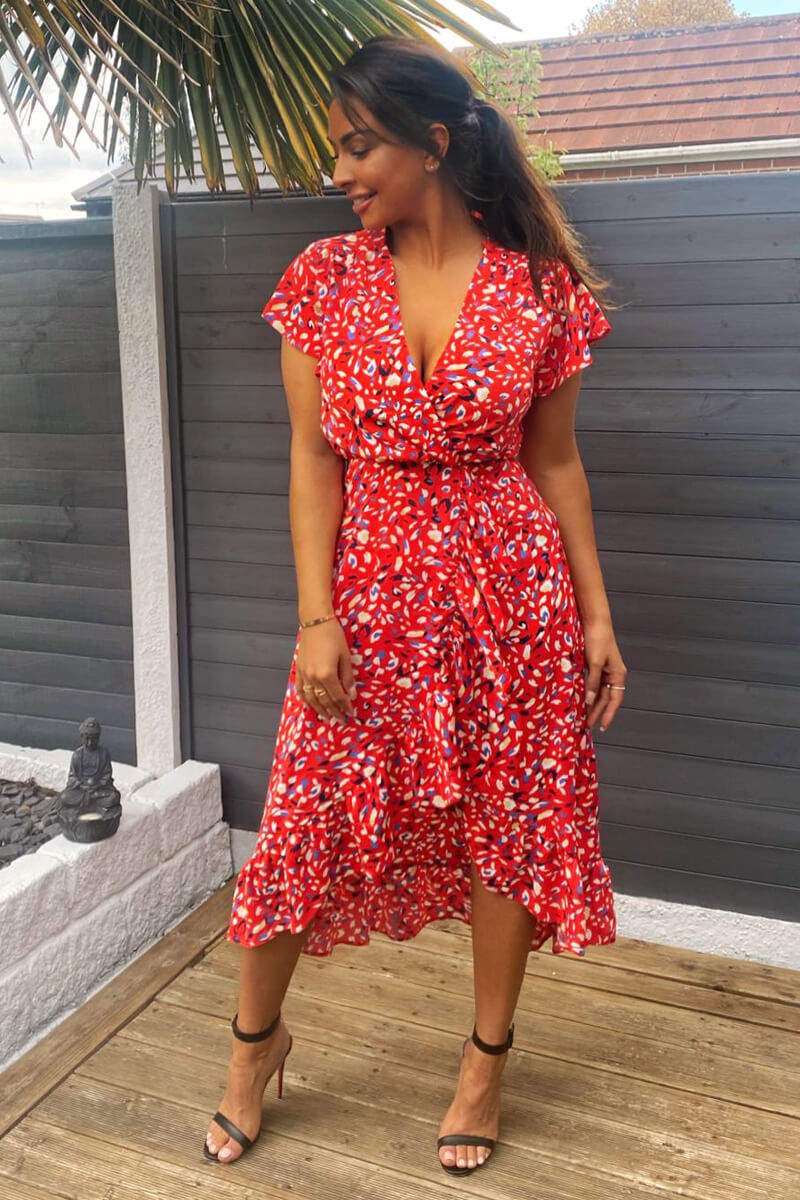 Red Abstract Print Wrap Midi Dress