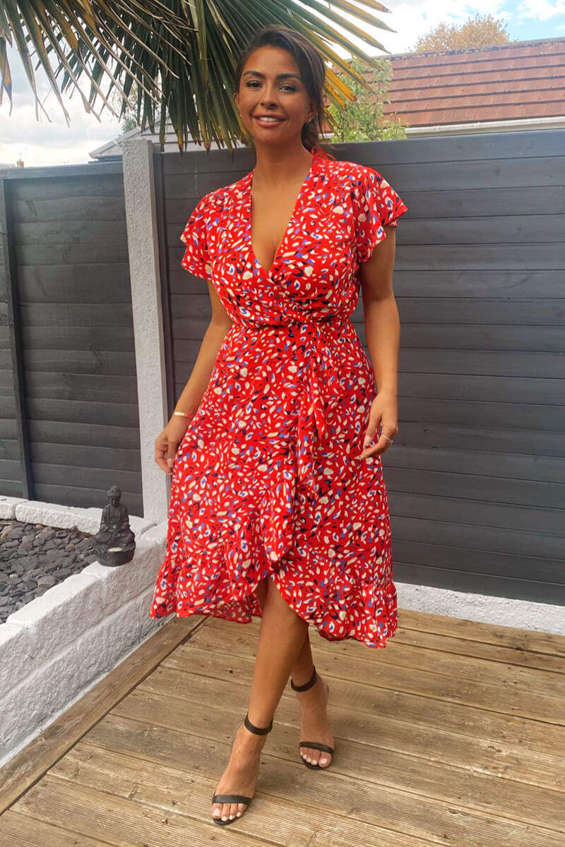 Red Abstract Print Wrap Midi Dress