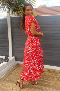 Red Abstract Print Wrap Midi Dress