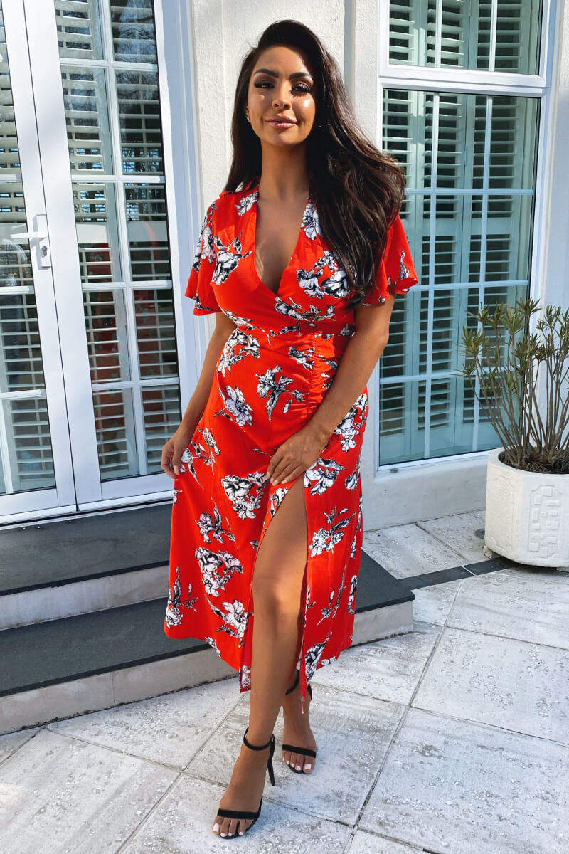 Red Floral Print Bell Sleeve Midi Dress