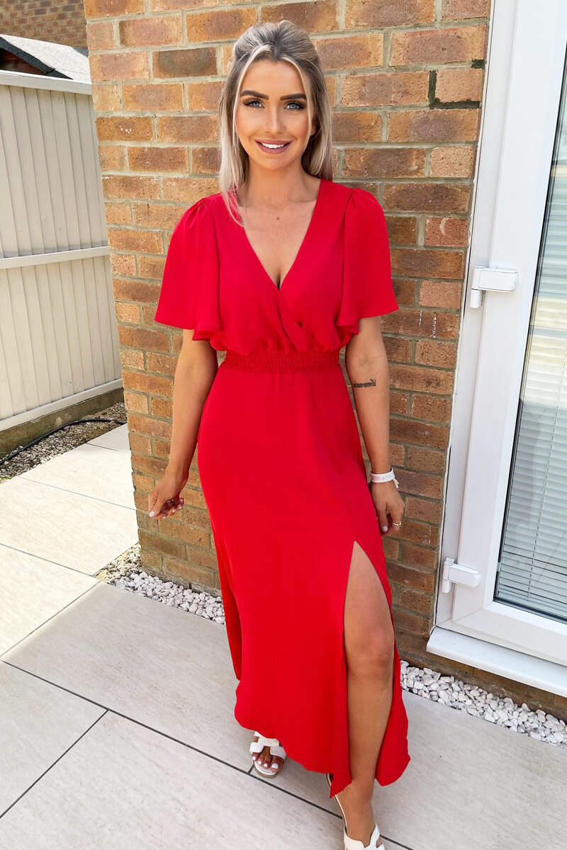 Red Gathered Waist Midi Dress