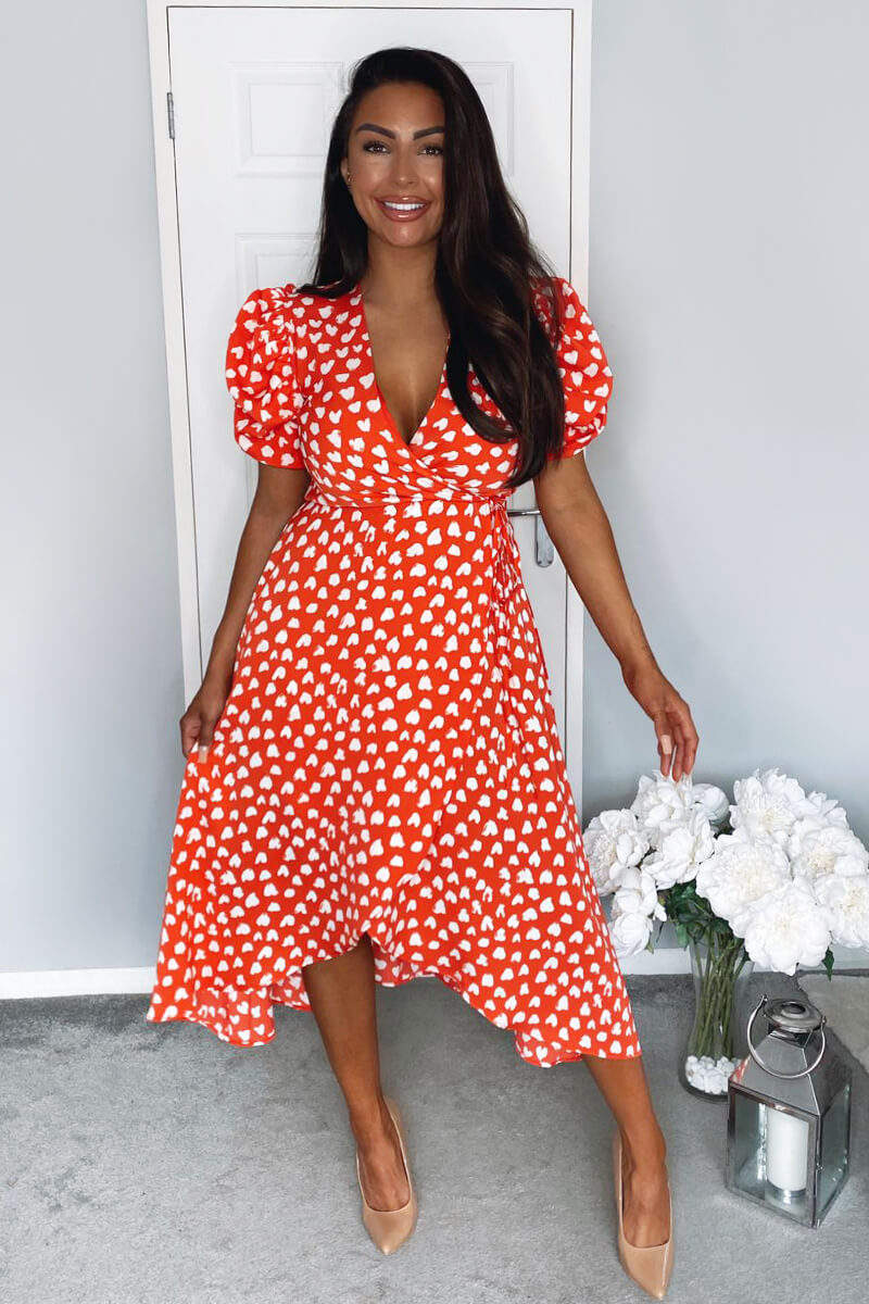 Red Heart Printed Wrap Midi Dress