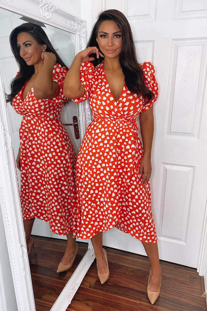 Red Heart Printed Wrap Midi Dress