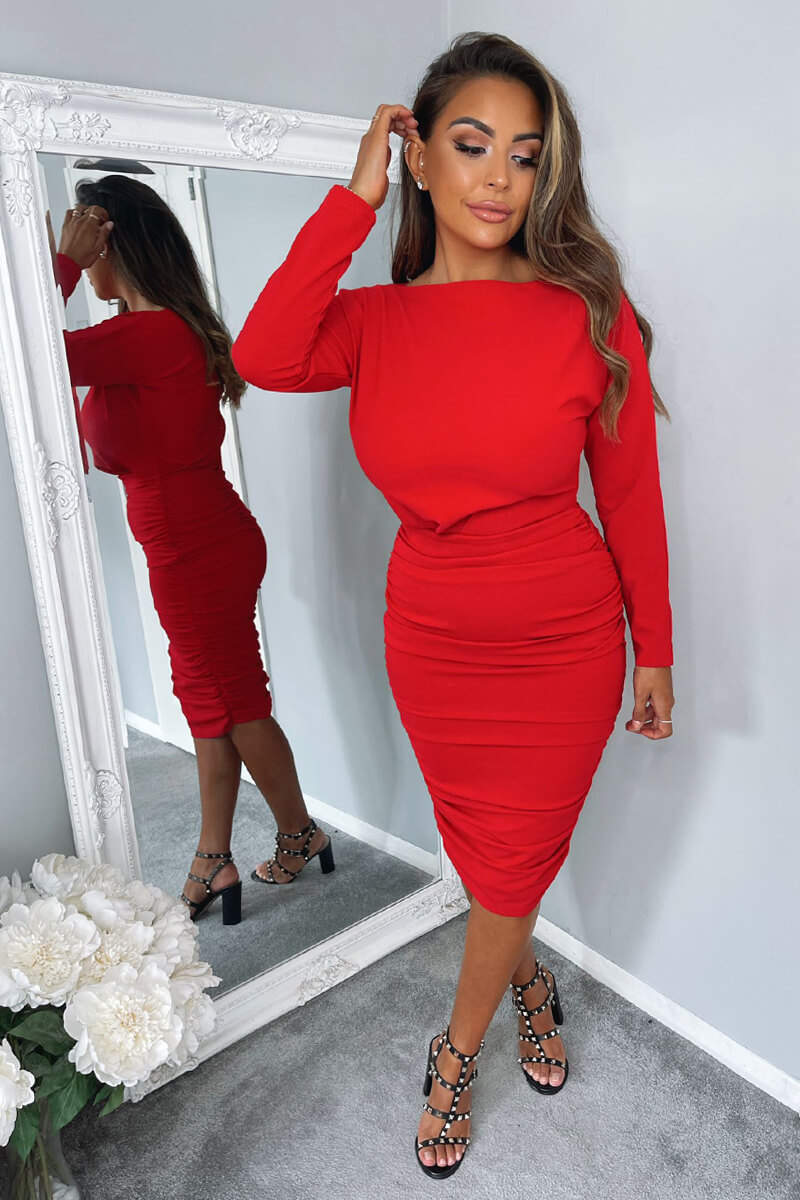 Red Wide Neck Ruched Bodycon Dress