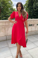 Red Wrap Over Tie Midi Dress