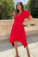 Red Wrap Over Tie Midi Dress