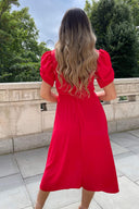 Red Wrap Over Tie Midi Dress