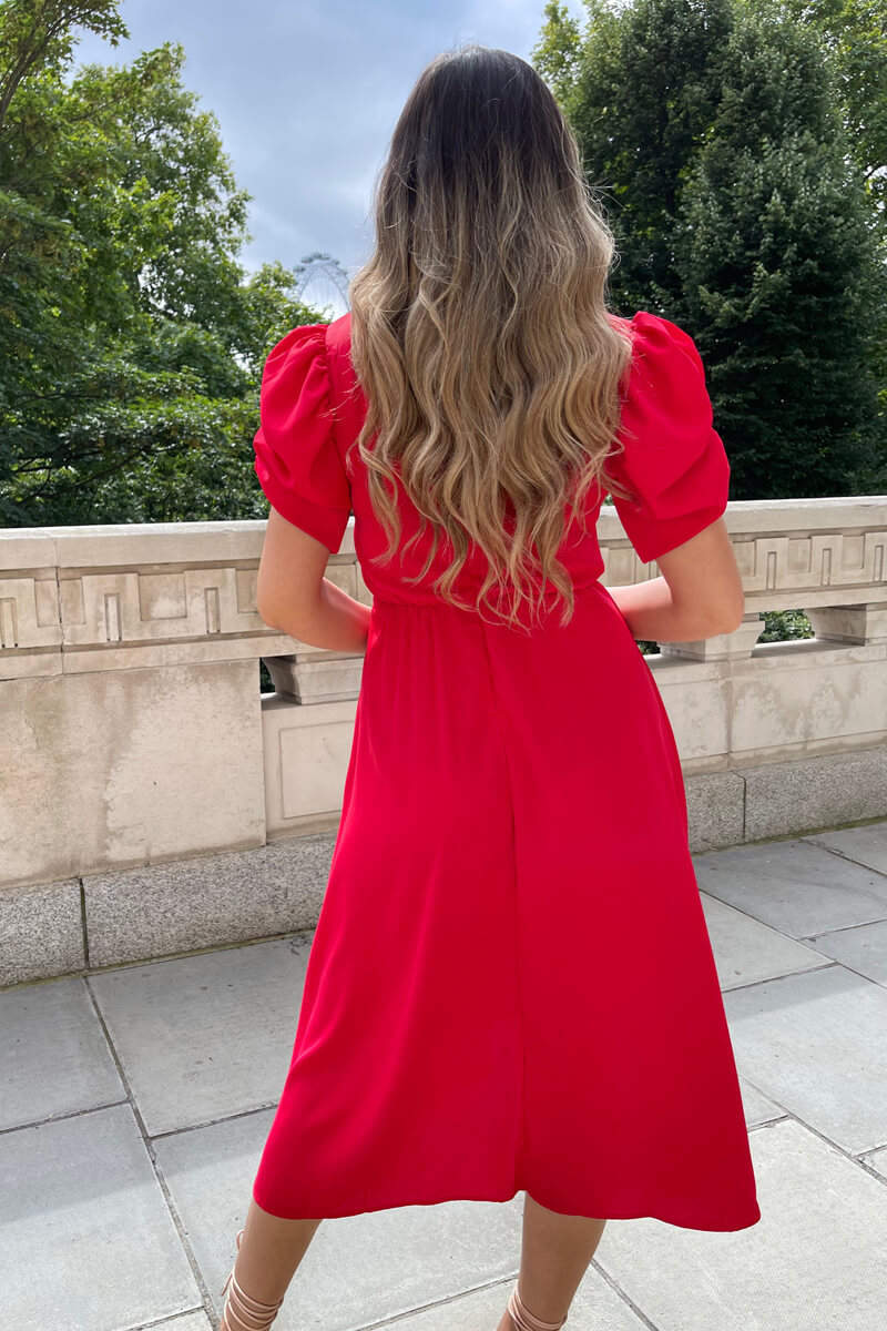 Red Wrap Over Tie Midi Dress