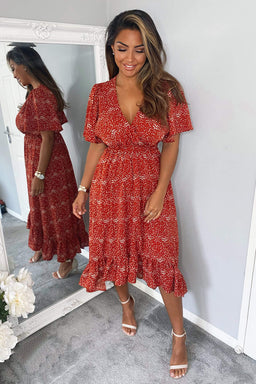 Rust Dot Printed Elasticated Waist Midi Dress