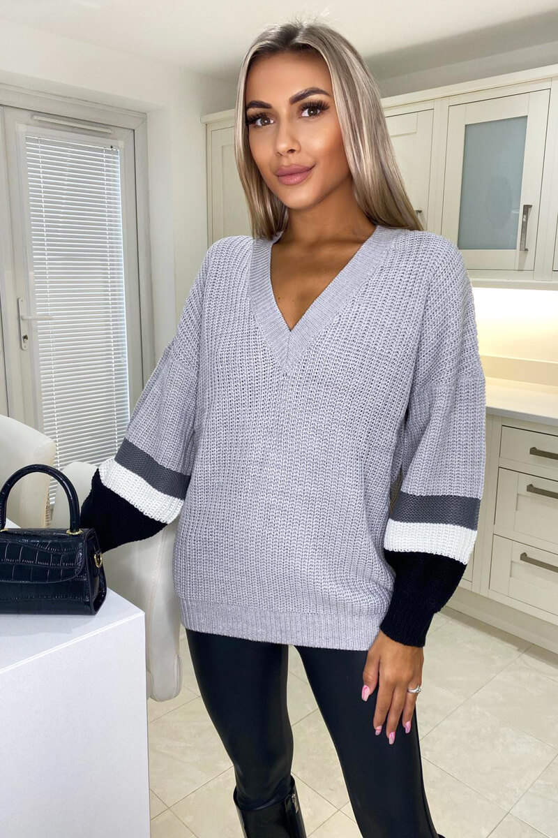 Silver Striped Sleeve Knitted Jumper