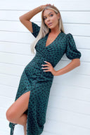 Teal Heart Printed Ruched Side Midi Dress