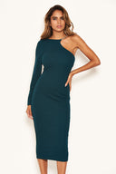 Teal One Shoulder Midi Dress With Chain Detail