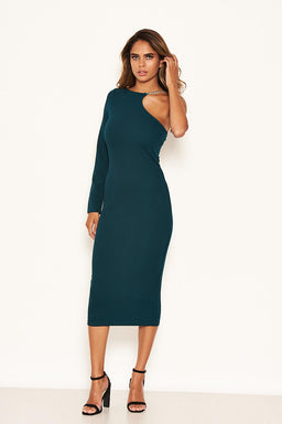 Teal One Shoulder Midi Dress With Chain Detail