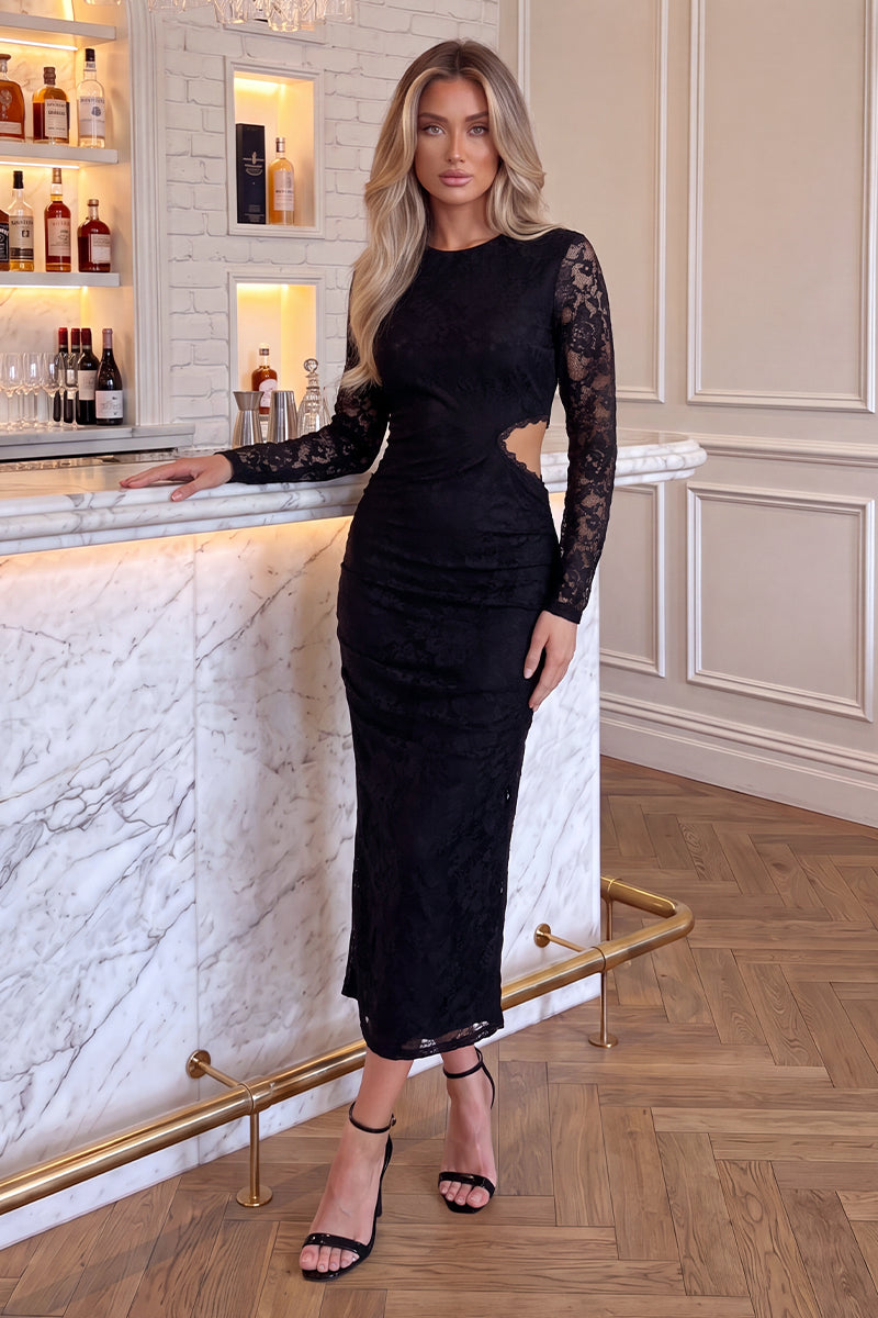 Black Lace Ruched Cut Out Midi Dress – AX Paris US