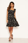 Black Printed Square Neck Frilled Dress