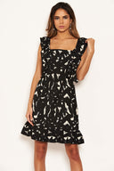 Black Printed Square Neck Frilled Dress