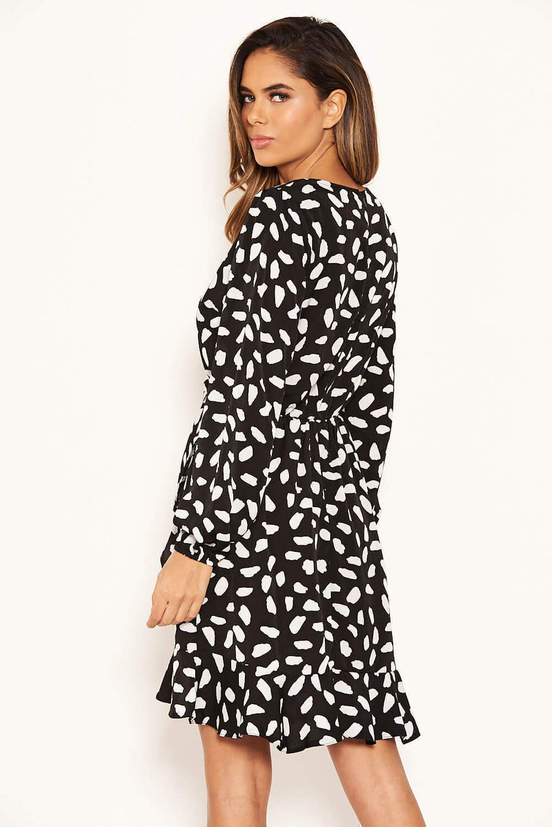 Black Printed Long Sleeved Wrap Dress