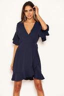 Navy Frill Sleeve Wrap Mini Dress